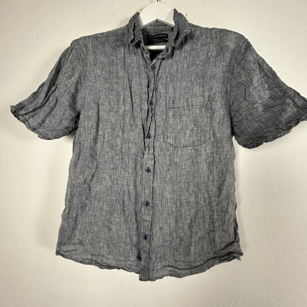 Saks Fifth Avenue Mens Short Sleeve Button-Up Shirt XL Gray Linen Lightweight